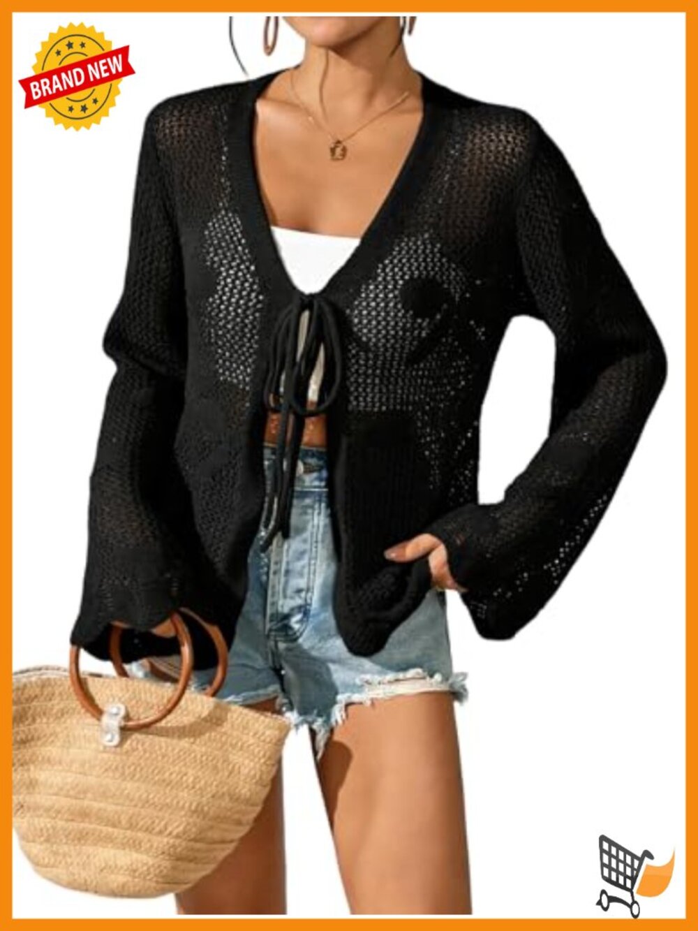 Lightweight Crochet Hollow Out Knit Cardigan Long Sleeve Tie Front Bow Summer